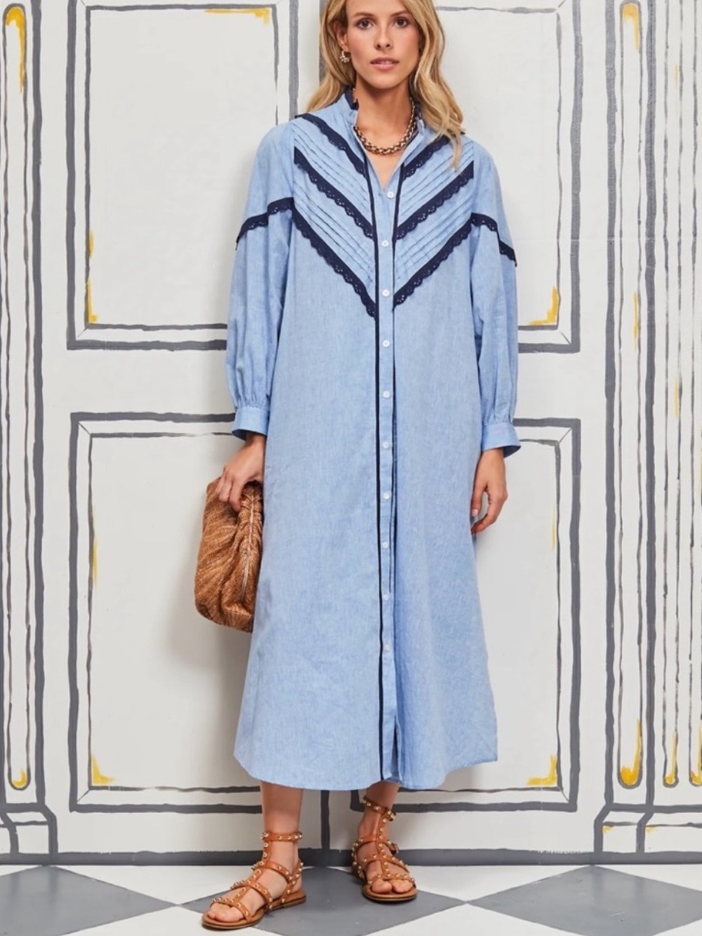 Pomander Place Light Blue Midi Shirt Dress with Navy Trim
